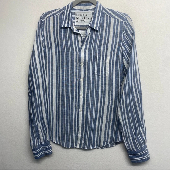 Frank & Eileen Barry 100% Linen Multi Blue Striped Button Down Blouse Shirt S - Picture 5 of 9